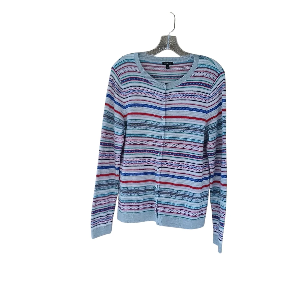 Talbots Red Blue Green Striped Crew Neck Nylon Lambswool Cardigan Large